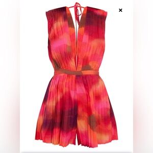 Pink Wave Print Pleated Shoulder Pad Plunge Romper